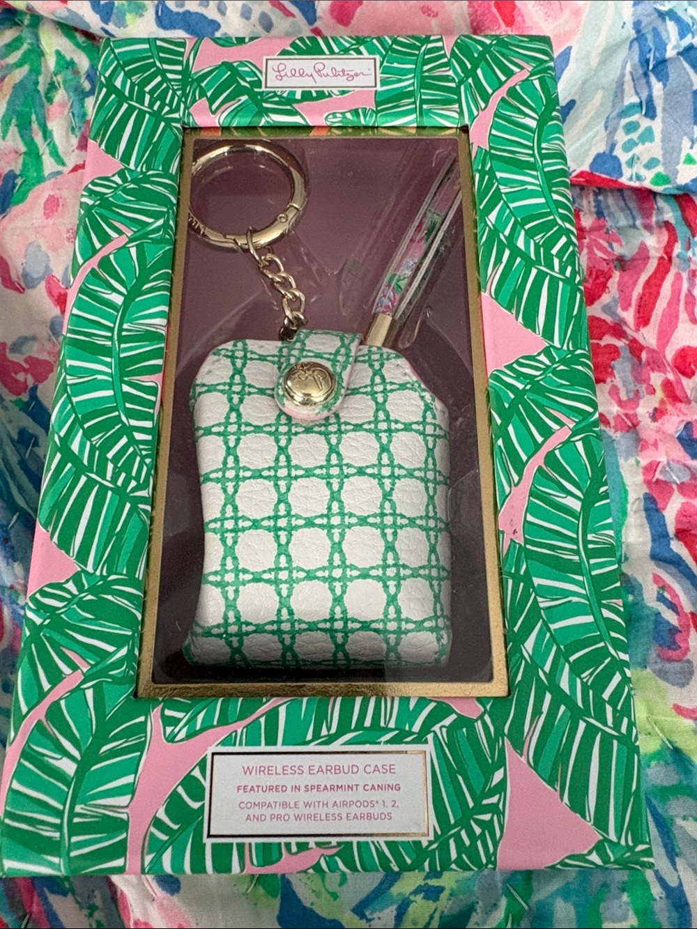 Lilly Pulitzer Green and White Pattern Wireless Earbud Case with Keychain